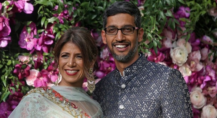 Anjali Pichai wearing white sari. 